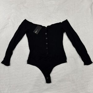 Fashion Nova Fool In Love Off Shoulder Bodysuit Black Ribbed Long Sleeve 3X NEW